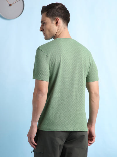 Men Olive Solid Textured Round Neck Half Sleeves Regular Fit T-Shirt