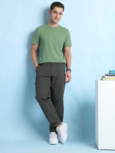 Men Olive Solid Textured Round Neck Half Sleeves Regular Fit T-Shirt
