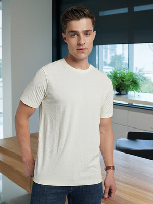 Men Off White Solid Textured Round Neck Half Sleeves Regular Fit T-Shirt