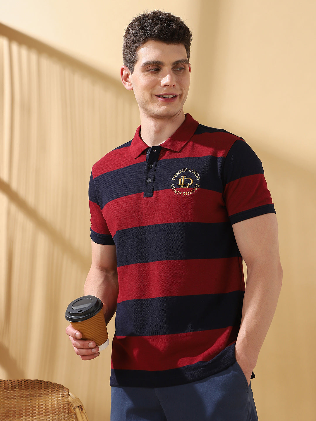 Men Maroon Striped Polo Collar T-shirt