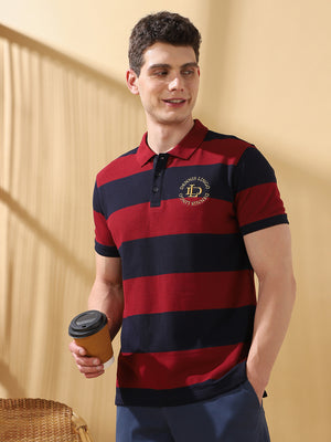 Men Maroon Striped Polo Collar T-shirt