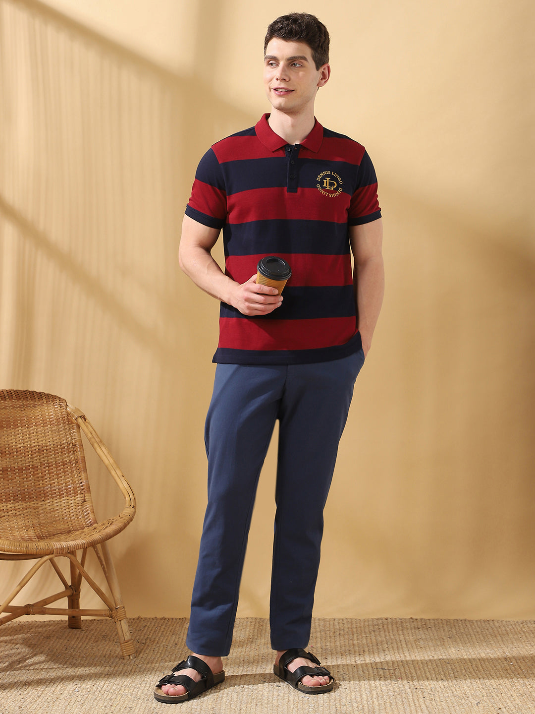 Men Maroon Striped Polo Collar T-shirt