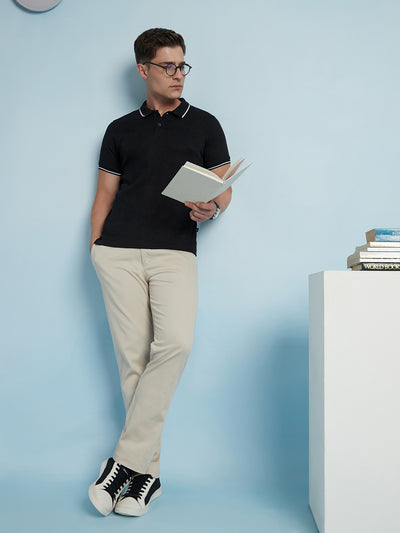 Men Black Solid Textured Polo Collar Half Sleeves Regular Fit T-Shirt