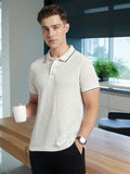 Men Off White Solid Textured Polo Collar Half Sleeves Regular Fit T-Shirt