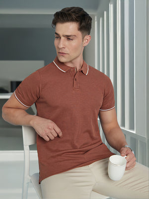 Men Rust Solid Textured Polo Collar Half Sleeves Regular Fit T-Shirt