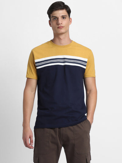 Men's Mustard Y/D Stripes Half-Sleeves Casual T-Shirt