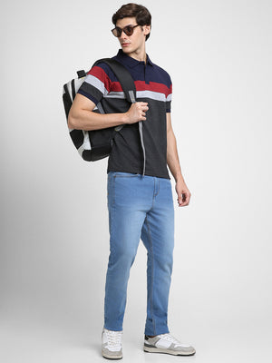 Men's Spread Collar Regular Fit Y/D Stripes Navy T-shirt