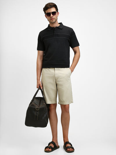 Men's Spread Collar Regular Fit Y/D Stripes Black T-Shirt