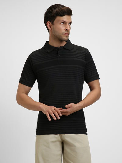 Men's Spread Collar Regular Fit Y/D Stripes Black T-Shirt
