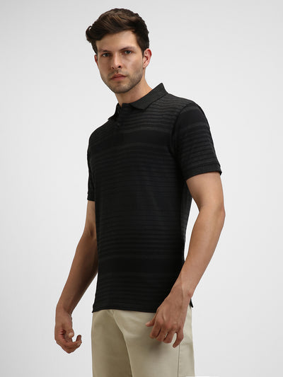 Men's Spread Collar Regular Fit Y/D Stripes Black T-Shirt