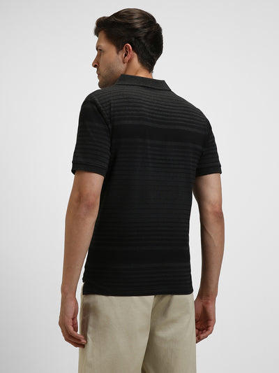 Men's Spread Collar Regular Fit Y/D Stripes Black T-Shirt