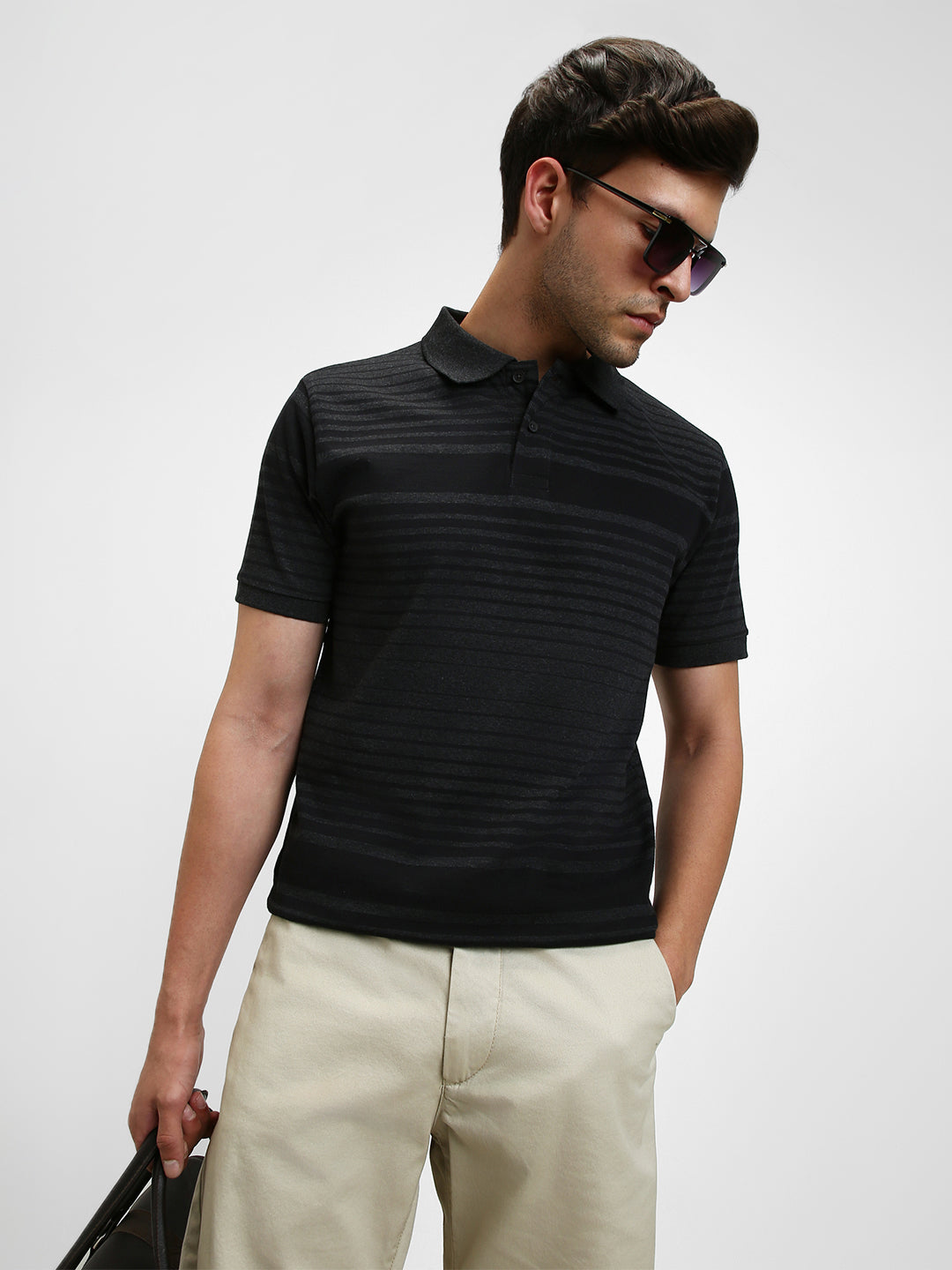 Men's Spread Collar Regular Fit Y/D Stripes Black T-Shirt