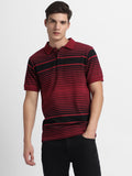 Dennis Lingo Men's Spread Collar Regular Fit Y/D Stripes Maroon T-Shirts
