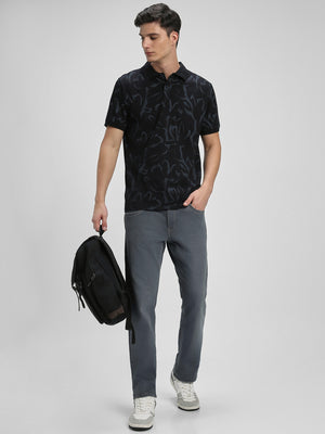 Men's Spread Collar Slim Fit Aop Black T-shirt