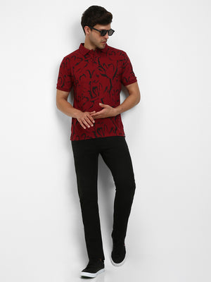 Men's Spread Collar Slim Fit Aop Maroon T-shirt