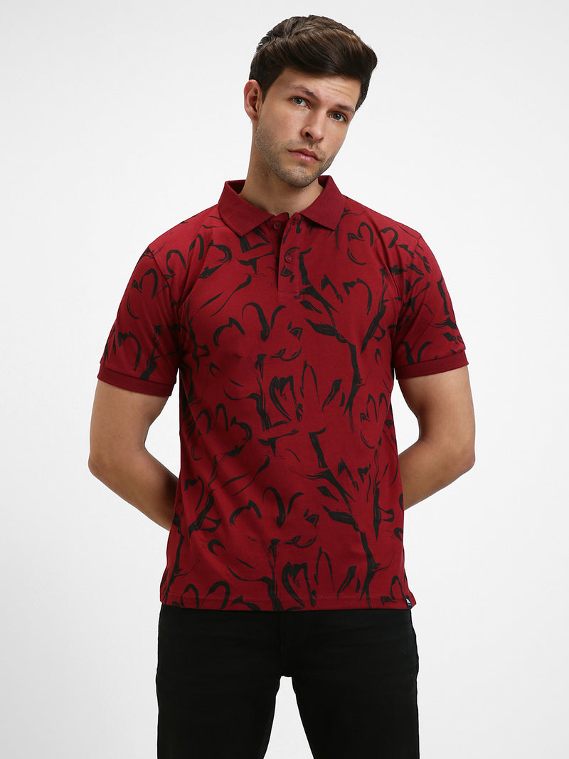 Men's Spread Collar Slim Fit Aop Maroon T-shirt