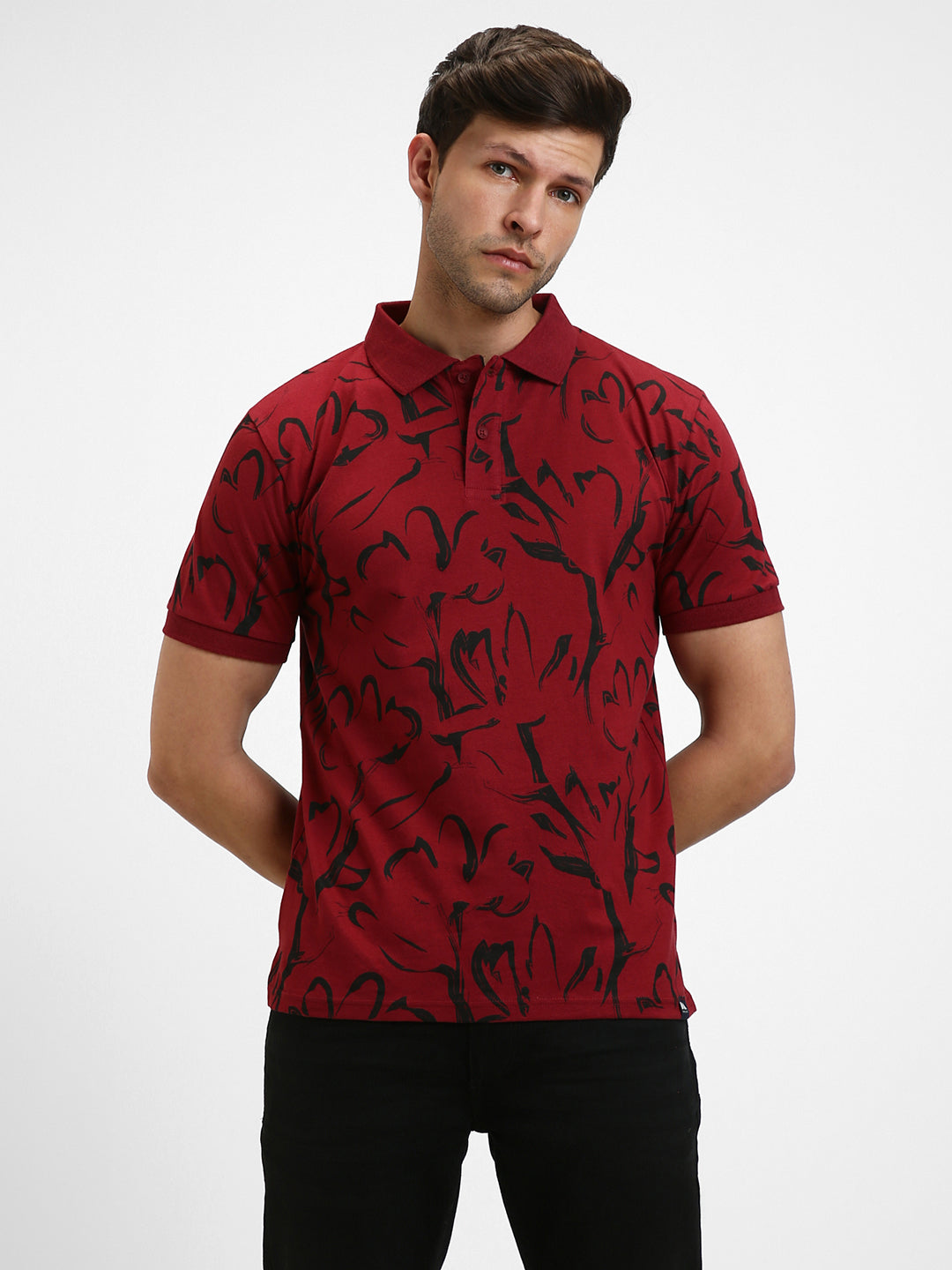 Men's Spread Collar Slim Fit Aop Maroon T-shirt