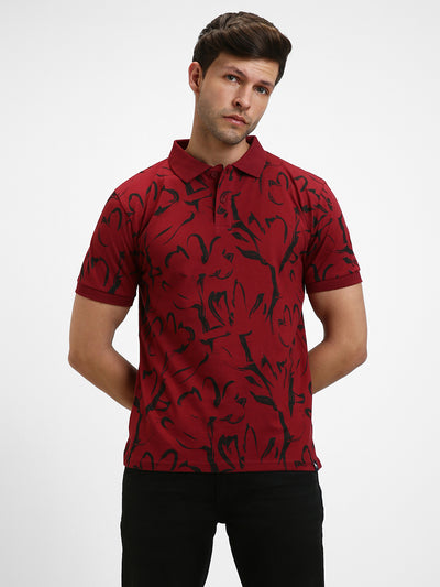 Men's Spread Collar Slim Fit Aop Maroon T-shirt