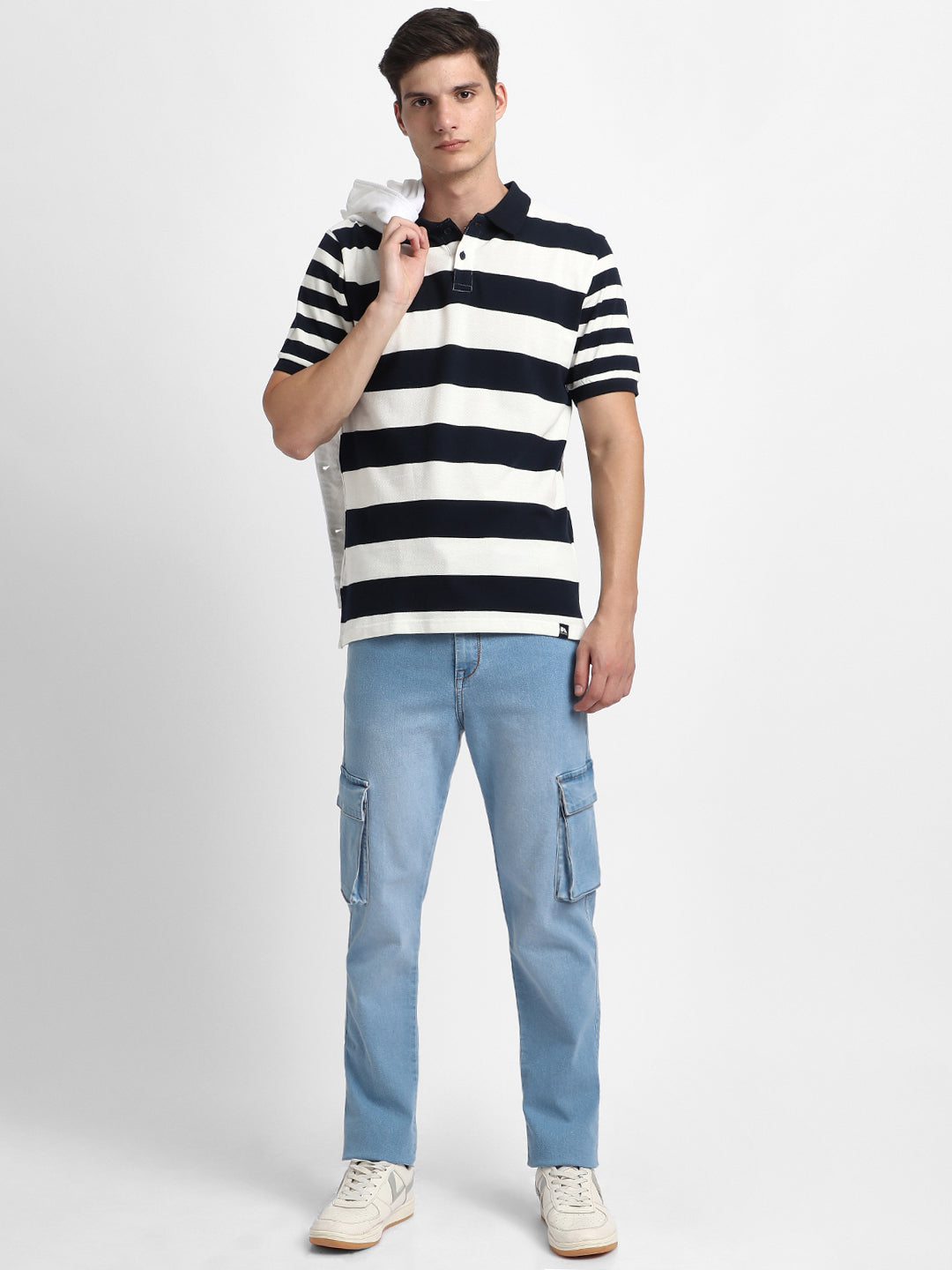 Men's Spread Collar Regular Fit Y/D Stripes Navy T-Shirt