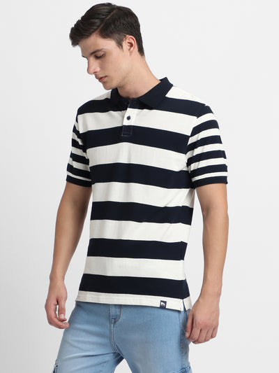 Men's Spread Collar Regular Fit Y/D Stripes Navy T-Shirt