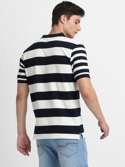 Men's Spread Collar Regular Fit Y/D Stripes Navy T-Shirt