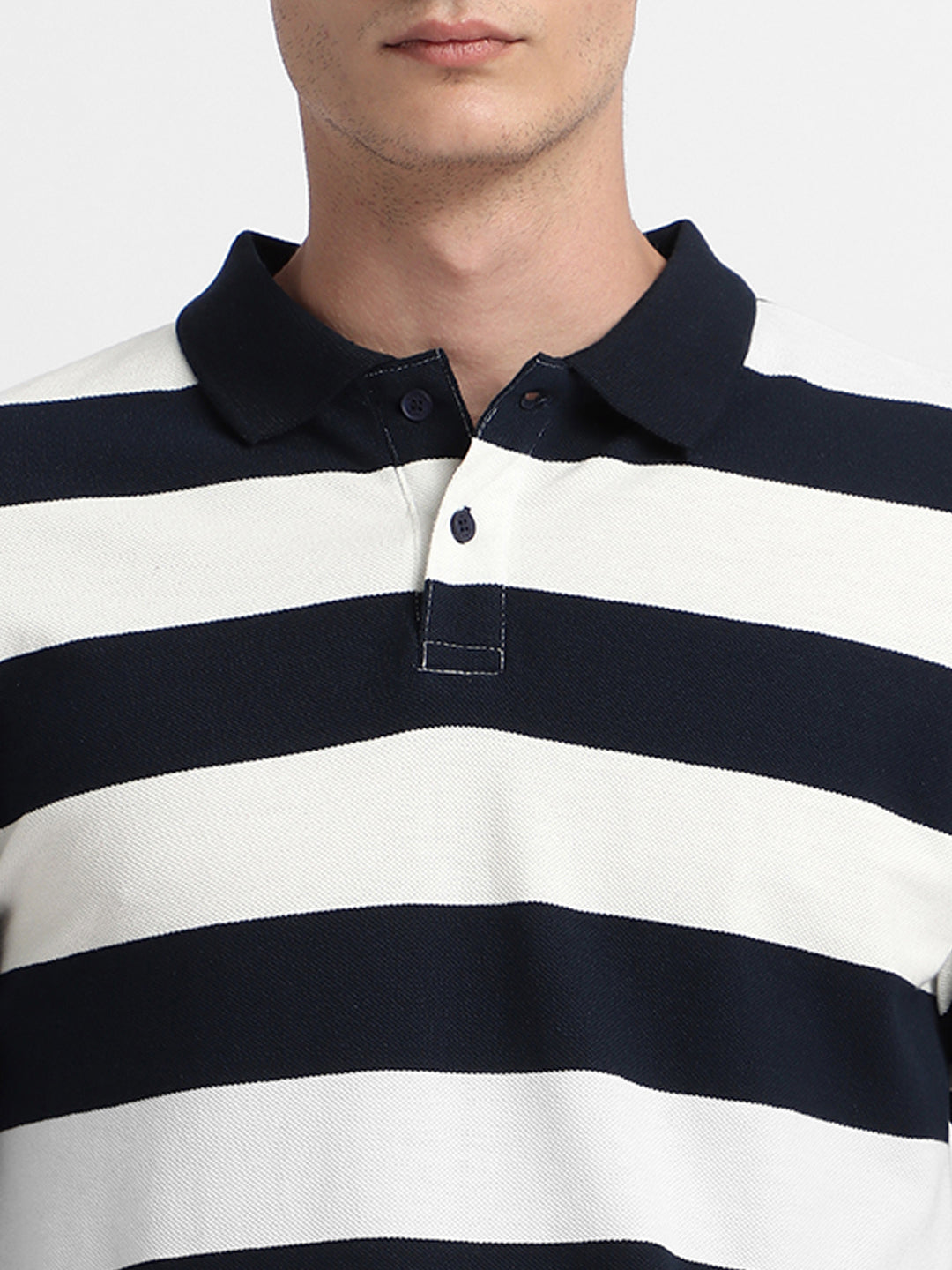 Men's Spread Collar Regular Fit Y/D Stripes Navy T-Shirt