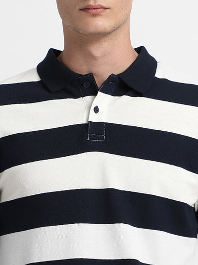 Men's Spread Collar Regular Fit Y/D Stripes Navy T-Shirt
