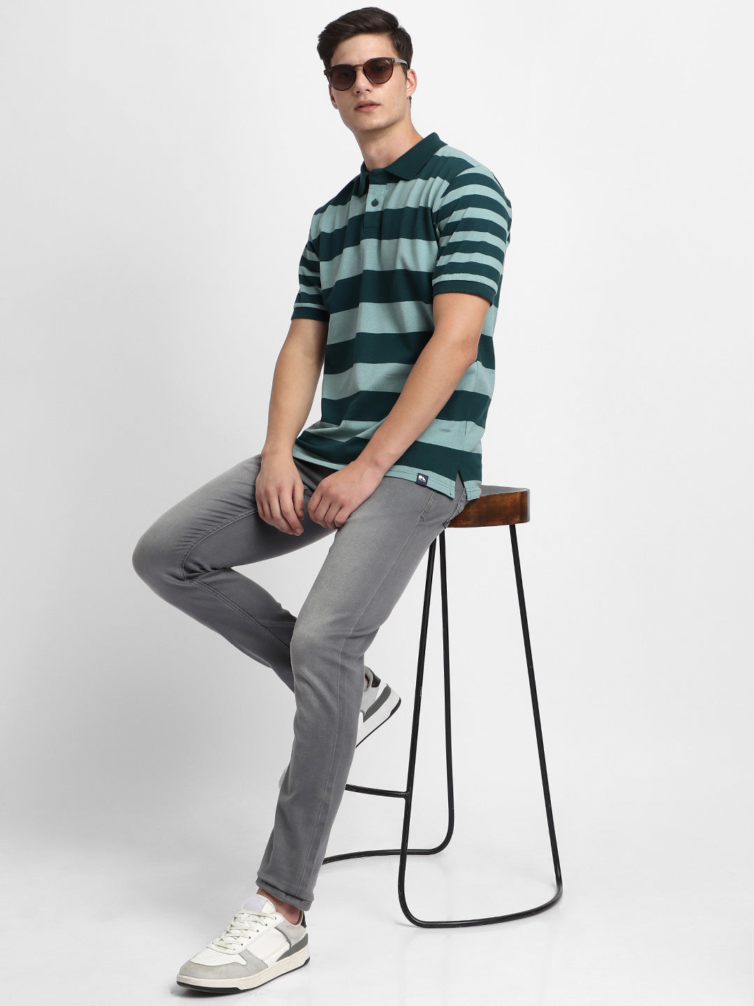 Men's Spread Collar Regular Fit Y/D Stripes Teal T-shirt