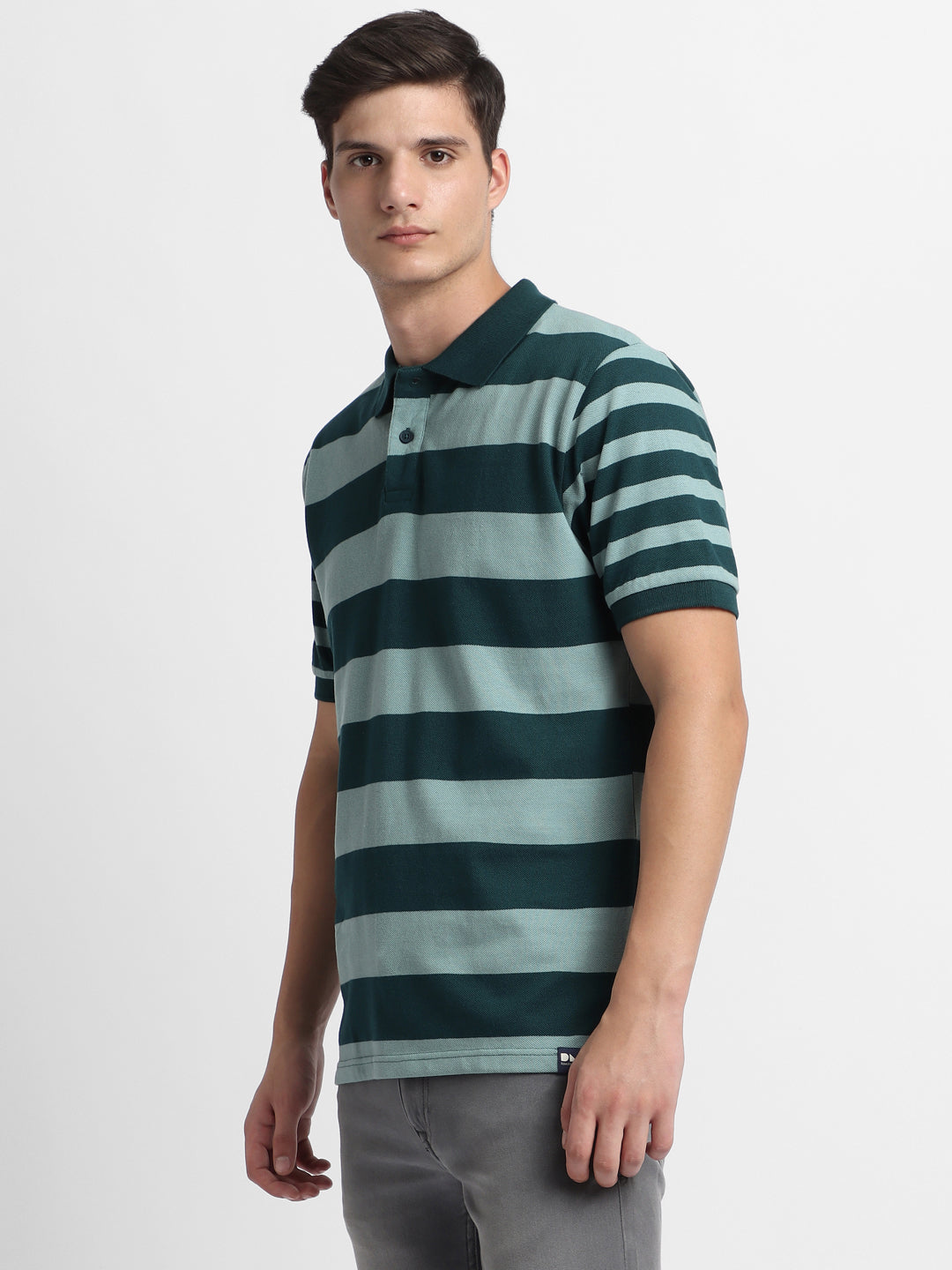 Men's Spread Collar Regular Fit Y/D Stripes Teal T-shirt