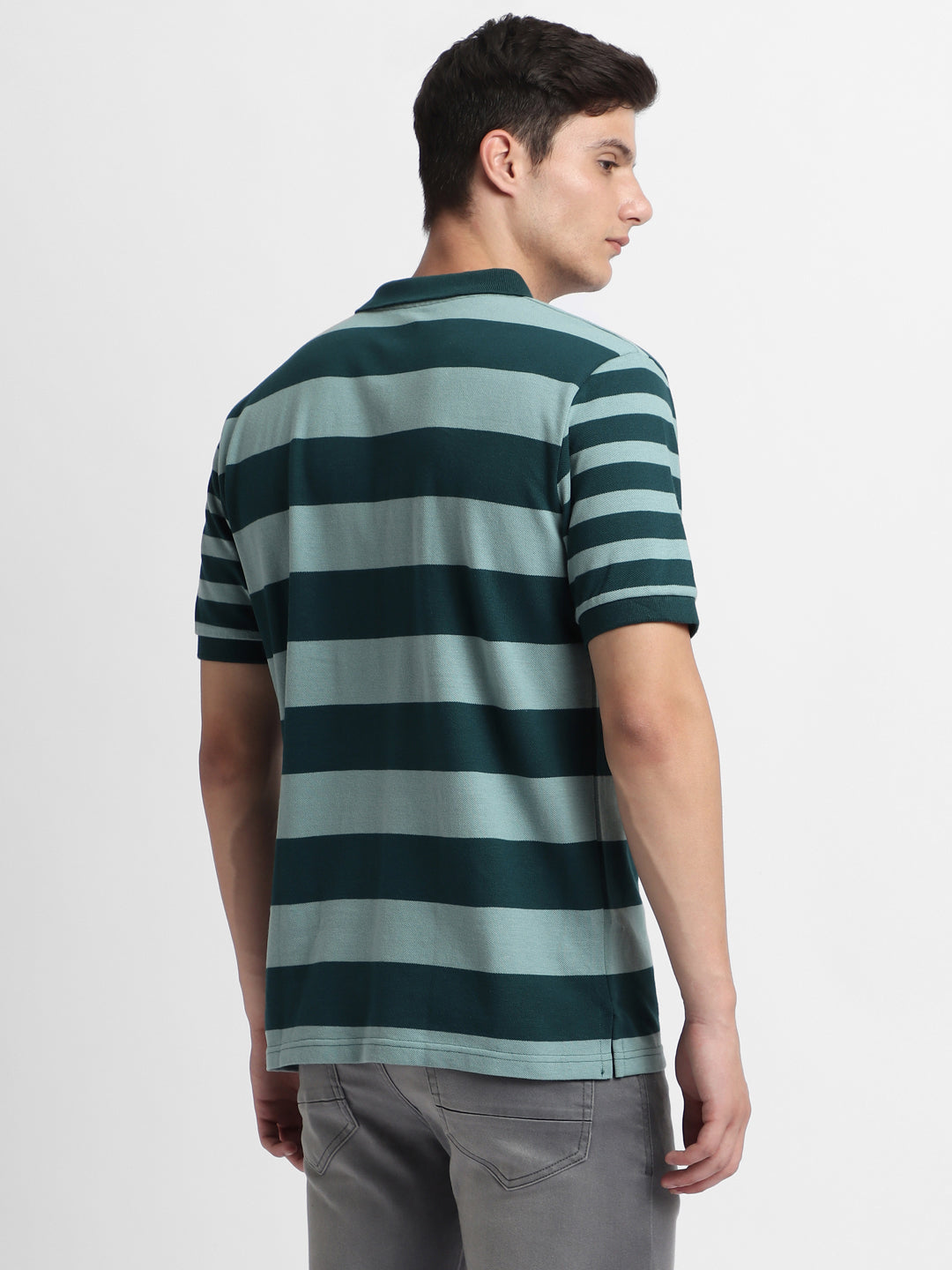 Men's Spread Collar Regular Fit Y/D Stripes Teal T-shirt
