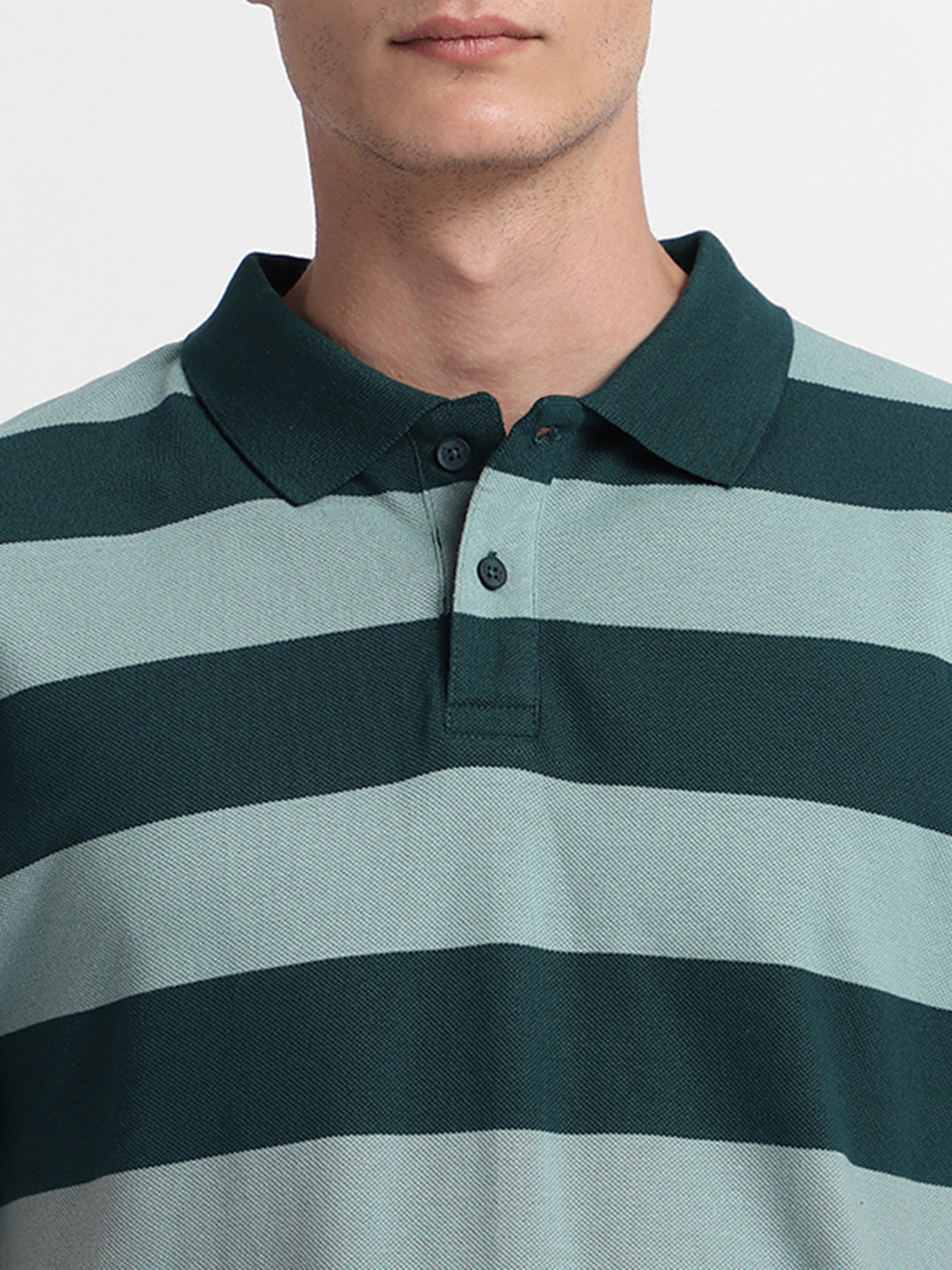 Men's Spread Collar Regular Fit Y/D Stripes Teal T-shirt