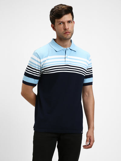 Men's Spread Collar Regular Fit Y/D Stripes Navy Polo T-Shirt