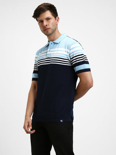Men's Spread Collar Regular Fit Y/D Stripes Navy Polo T-Shirt