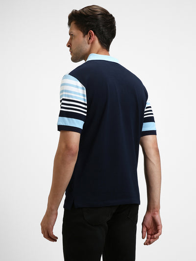 Men's Spread Collar Regular Fit Y/D Stripes Navy Polo T-Shirt