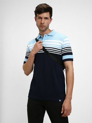 Men's Spread Collar Regular Fit Y/D Stripes Navy Polo T-Shirt