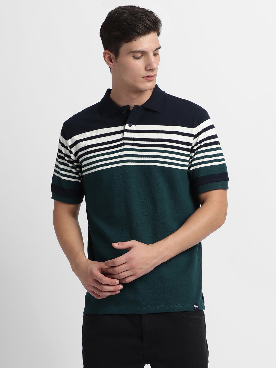 Men's Spread Collar Regular Fit Y/D Stripes Teal Polo T-Shirt