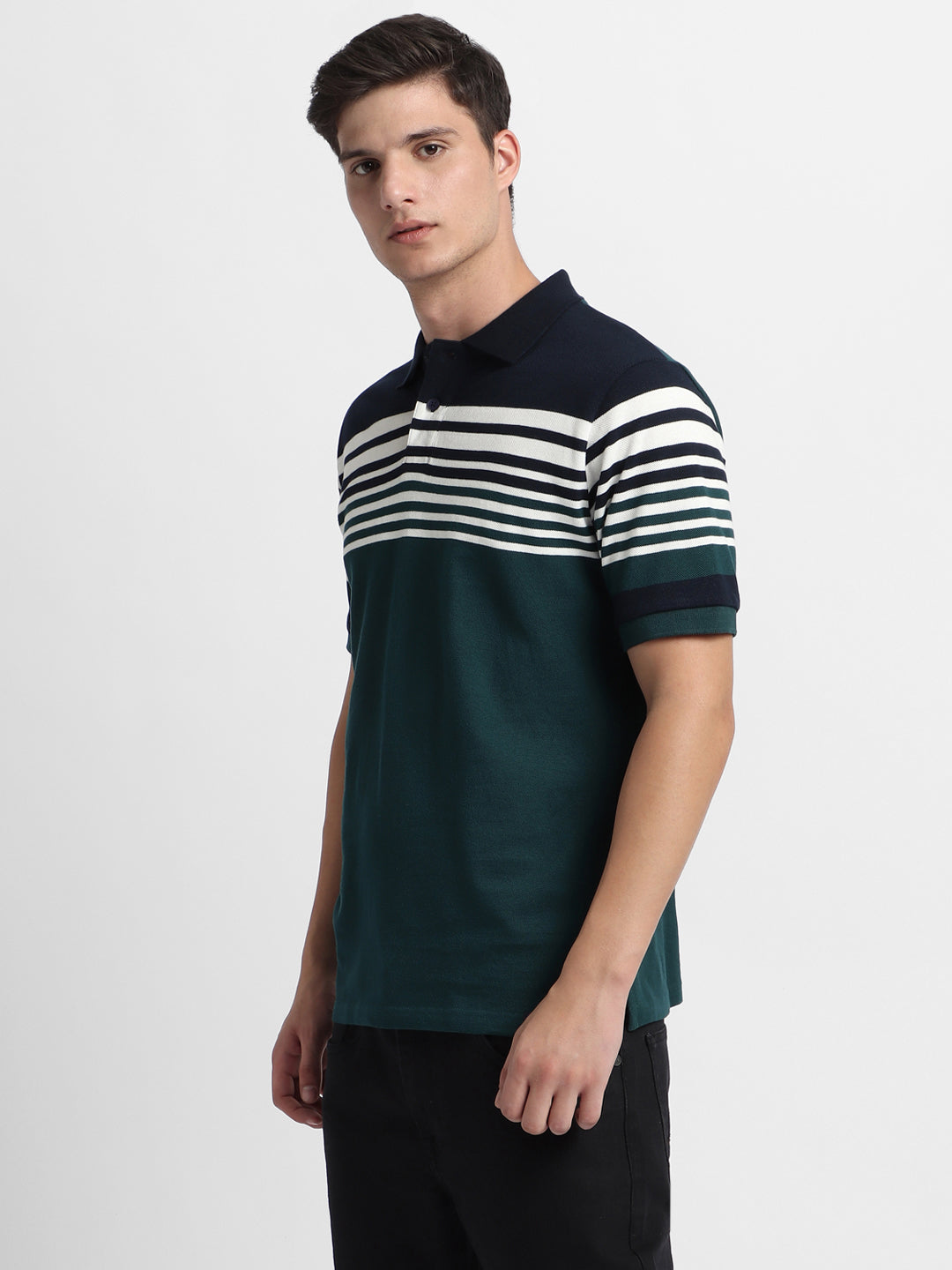 Men's Spread Collar Regular Fit Y/D Stripes Teal Polo T-Shirt