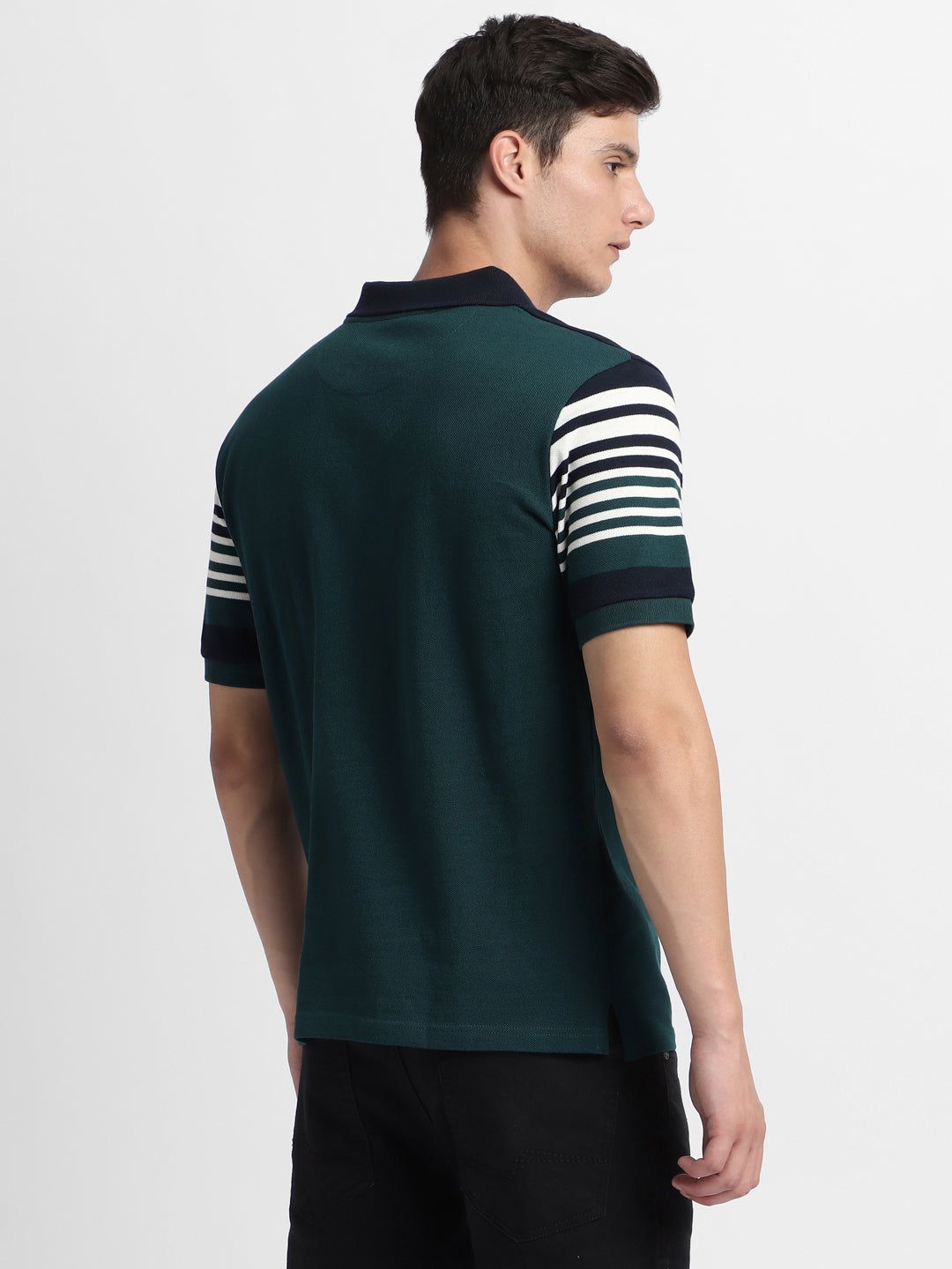 Men's Spread Collar Regular Fit Y/D Stripes Teal Polo T-Shirt