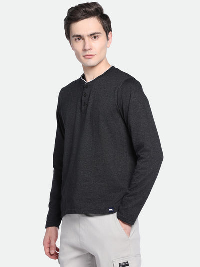 Men's Dark Grey Solid Henley Neck Full Sleeves Casual T-Shirt