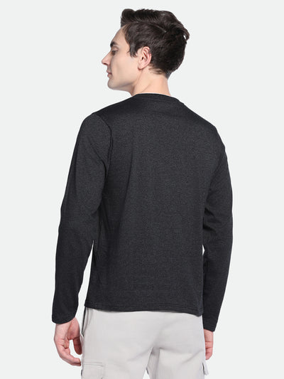 Men's Dark Grey Solid Henley Neck Full Sleeves Casual T-Shirt
