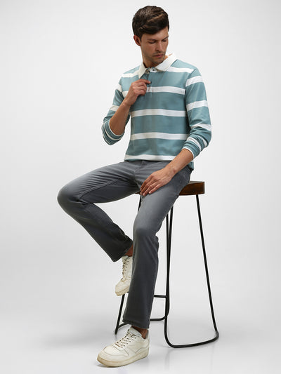 Men's Spread Collar Regular Fit Y/D Stripes Sea Blue T-Shirt