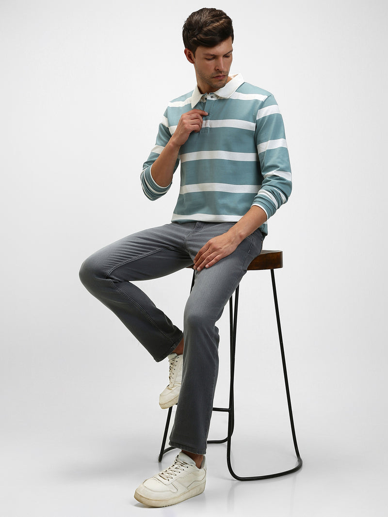 Men's Spread Collar Regular Fit Y/D Stripes Sea Blue T-Shirt