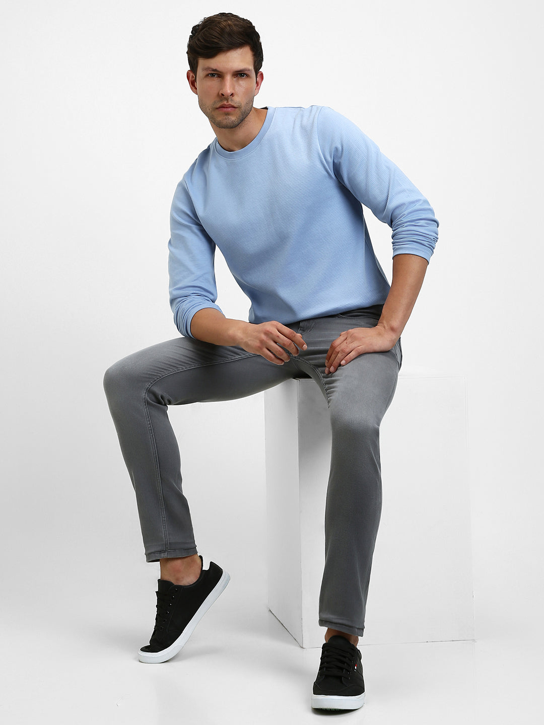 Men's Light Blue Ottoman Full - Sleeves Casual T-Shirt