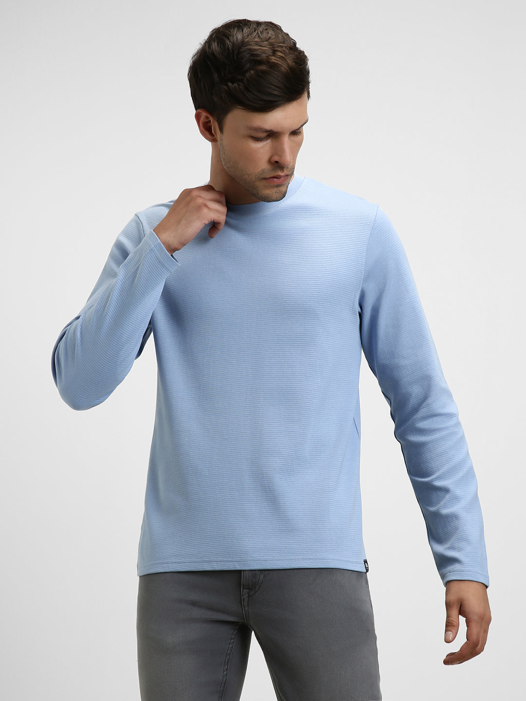 Men's Light Blue Ottoman Full - Sleeves Casual T-Shirt