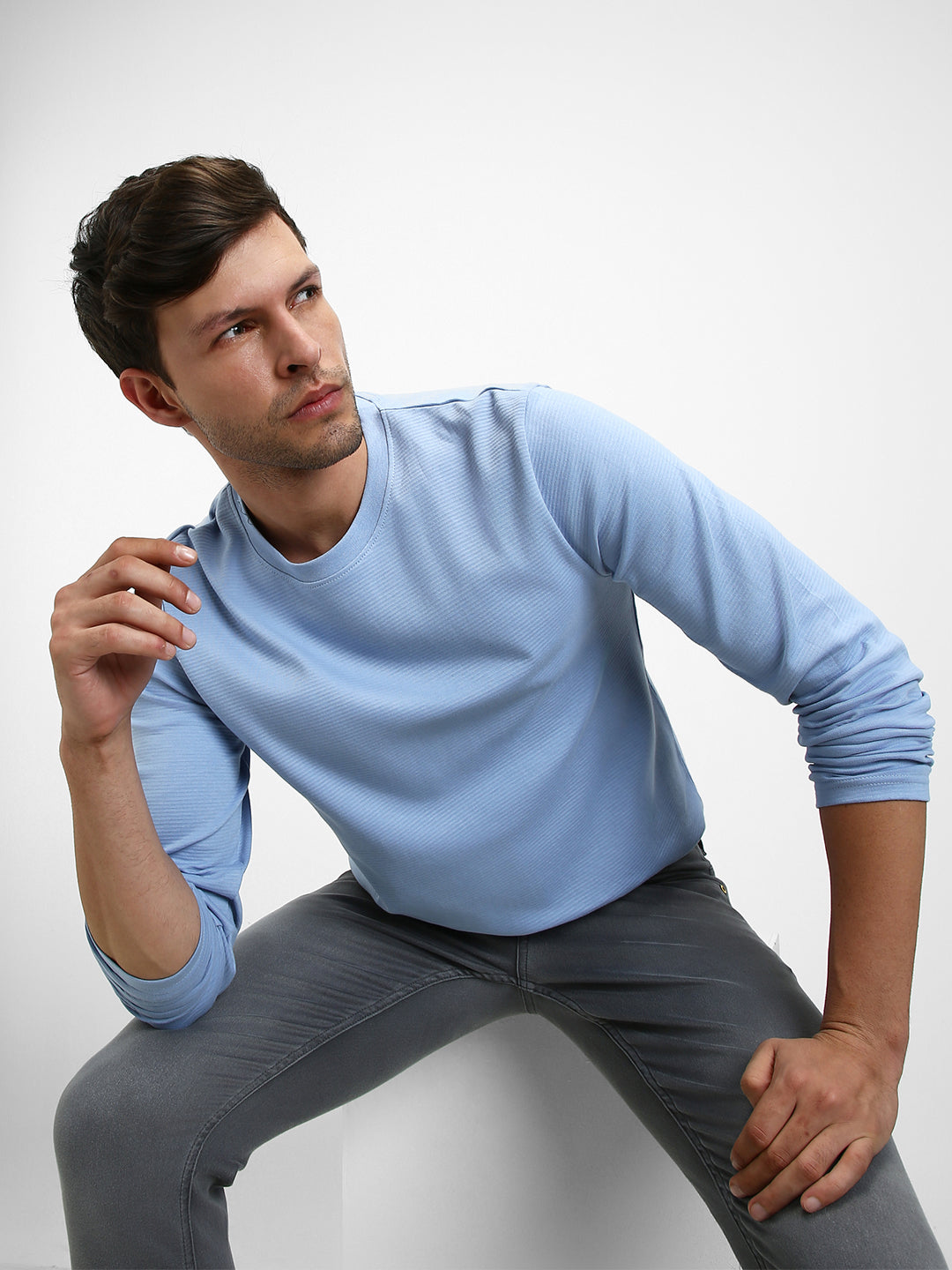 Men's Light Blue Ottoman Full - Sleeves Casual T-Shirt