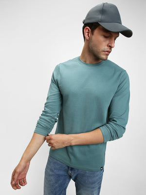 Men's Sea Blue Round Neck Long - Sleeves Casual T-Shirt