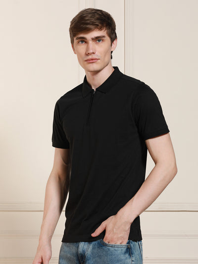 Men's Black Solid Polo Collar Half Sleeves Casual T-Shirt