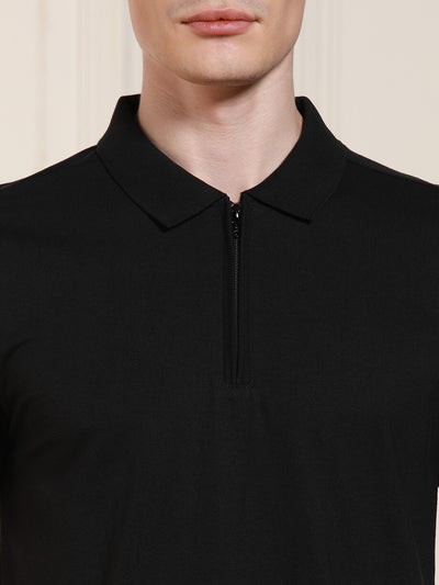 Men's Black Solid Polo Collar Half Sleeves Casual T-Shirt
