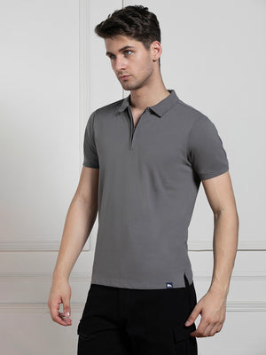 Men's Charcoal Polo Collar Solid Regular Fit T-Shirt