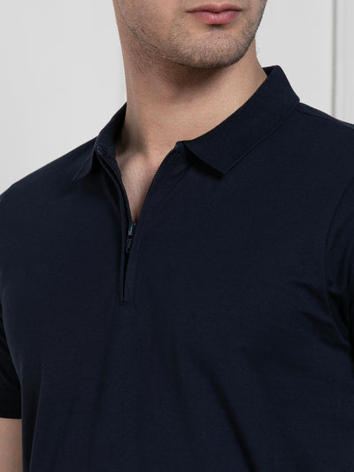 Men's Navy Polo Collar Solid Regular Fit T-Shirt